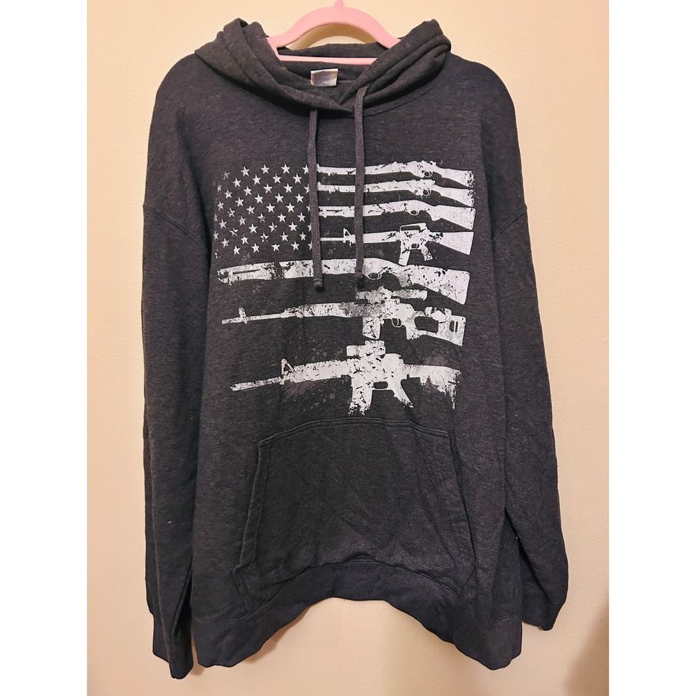 Port & Company Hoodie Mens 2XL Charcoal Gray Excellent American Flag Gun Graphic